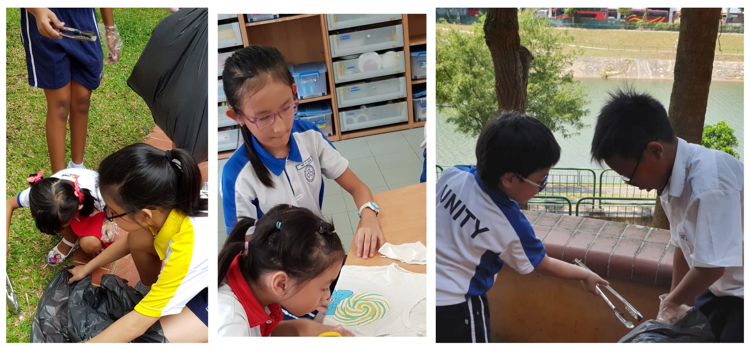 Three panels show school children doing activities: collecting trash outdoors, decorating a t-shirt indoors, and sorting items near a river.